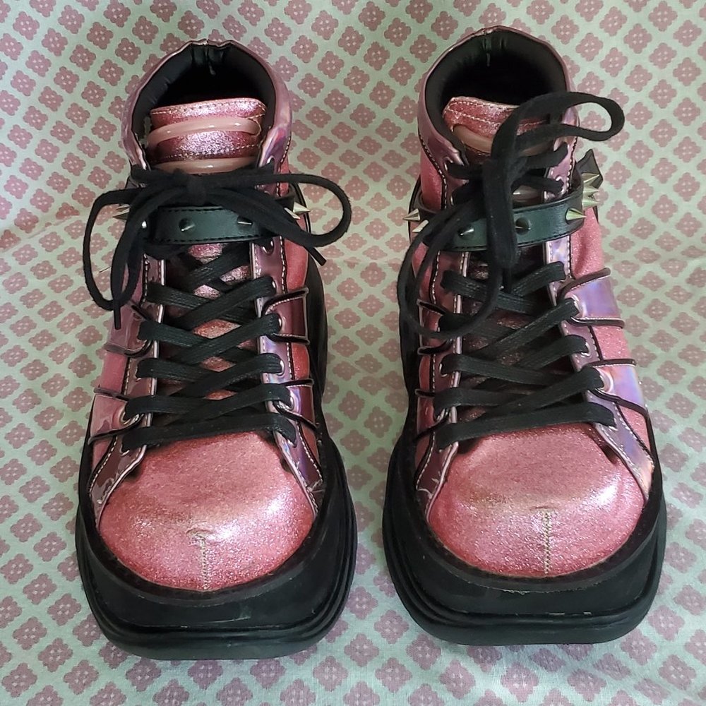 Demonia Neptune-100 Cyber Goth Pink Glitter UV Unisex Platform Boots